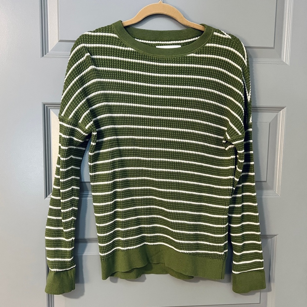 Green & White Striped REI Co-op Wallace Lake Waffle Knit Sweater Size S